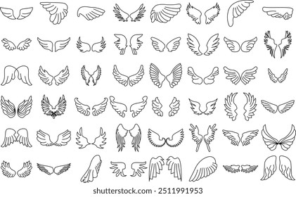 Angel wings - Doodle bird feather wings, black tattoo. Thin line art Editable Stroke icon set.