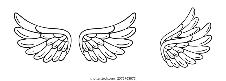 Angel wings doodle style. Hand drawn black and white isolated logo. Bird wings line art. Design element for web graphic design poster tattoo. Coloring page art therapy. Vector illustration