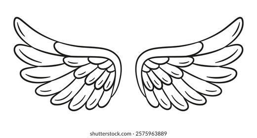 Angel wings doodle style. Hand drawn black and white isolated logo. Bird wings line art. Design element for web graphic design poster tattoo. Coloring page art therapy. Vector illustration