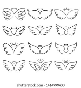 Angel wings drawing vector illustration. Winged angelic tattoo icons. Wing feather with halo, artistic artwork sketch