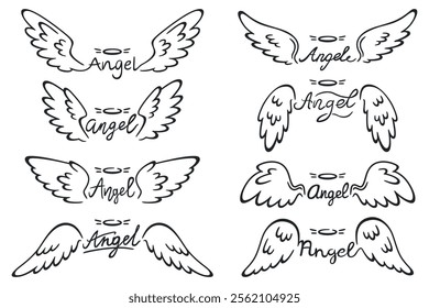 Angel wings emblems. Elegant lettering. Hand drawn angelic inscriptions. Heavenly holy elements. Nimbo line sketch. Calligraphic text. Celestial saint. Tattoo print