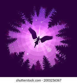 An angel with wings flies over the forest. Forest landscape with an angel. Illustration for cover, advertisement, banner or puzzles. Theme or wallpaper for your phone. Stock vector illustration.