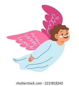 Angel with wings flying in sky, cheerful personage in robe. Boy wearing robe having positive facial expression on face. Sticker or emoticon, st Valentines. Isolated cupid character. Vector in flat