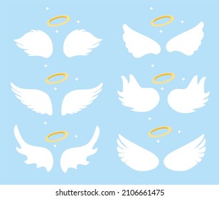 Angel wings with gold nimbus. Cartoon vector icons set isolated on background