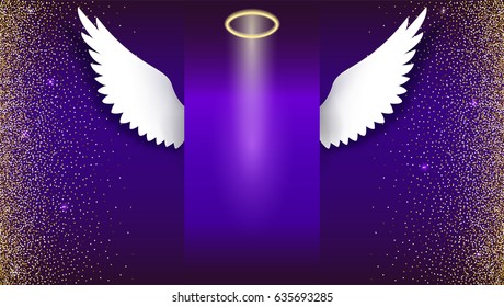 Angel wings and golden halo hovering the dark background  Wings   golden halo  Card and white angelic wings  Gradient backdrop and golden  shiny  glitter dust  Horizontal picture frame