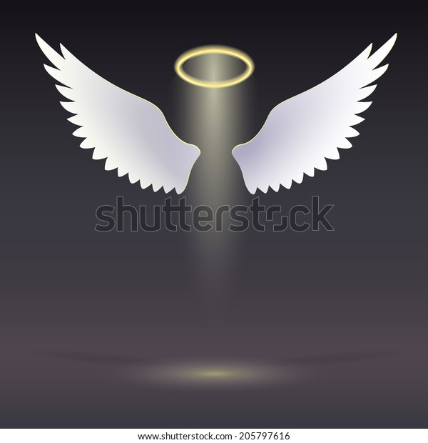 金色の光背を持つ天使の羽が暗闇に舞い上がっている 翼と金の光背 のベクター画像素材 ロイヤリティフリー
