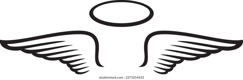 Angel wings and halo black and white. Vector illustration