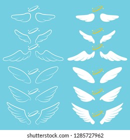 Angel wings with halo. Cartoon vector silhouette set isolated on background.