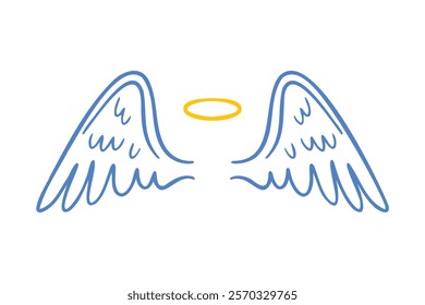 angel wings and a halo doodle hand drawn icon set. Outline drawing blue angel wings and a gold halo line clipart symbol collection. Vector illustration