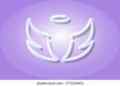 Angel wings and halo glowing 3D symbol, card template. Realistic vector illustration. Lilac background.