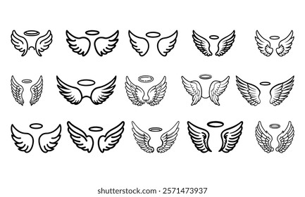 Angel wings and halo icon set, A collection of angel wing icons paired with halos in black outline, featuring various designs and patterns, perfect for divine themes. 
