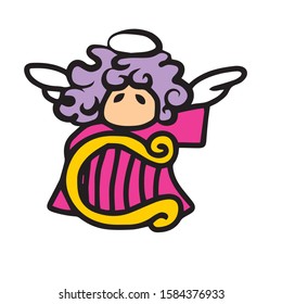 An angel with wings and a halo in a pink robe and a harp . On a white isolated background. Hand-drawn. Vector illustration of a holiday