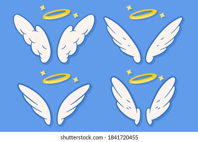 Angel wings and halo vector cartoon set isolated on background.