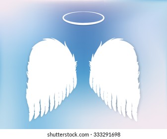 Angel wings and halo vector design elements on a pretty blue and purple sky background