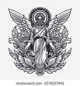 Angel with wings. Hand drawn vector illustration. Tattoo art