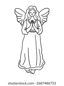Angel with wings and hands in prayer. Hand drawn illustration in line style.