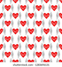 Angel wings with heart vector seamless pattern background. Boho chic background