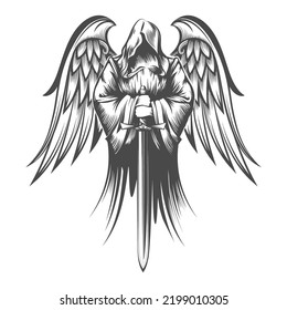 Angel with Wings Holds Sword. Engraving Tattoo isolated on white. Vector illustration.