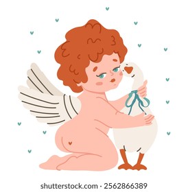 An angel with wings hugs a gosling. Goose in a bow next to the baby. Child with wings, flat vector illustration, eps10