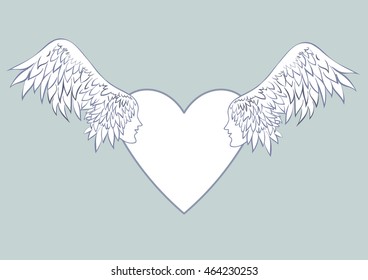 Angel wings with a human face in the frame in the shape of a heart. Pale blue background. Beautiful wedding cards or the blank wedding invitations