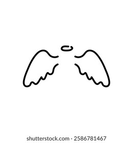 Angel wings icon. Drawing wing with halo, cute shining winged . Angels or birds, holy flying elements. Vector icon