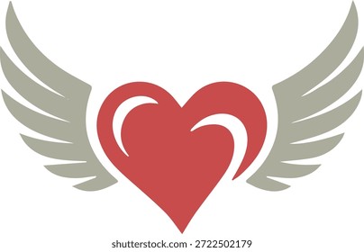 “Corazón con icono de alas de ángel, Vector minimalista plano, rojo y gris”
