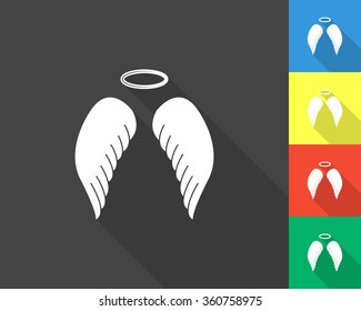 angel wings icon - gray and colored (blue, yellow, red, green) vector illustration with long shadow