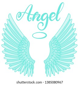 Angel wings icon with hand lettering word angel. Religious calligraphic text and symbol of Christianity. Blue vector iilustration in cartoon style for logo. Eps10