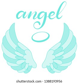 Angel wings icon with hand lettering word angel. Religious calligraphic text and symbol of Christianity. Vector iilustration in cartoon style for logo. Image in blue color. Eps10