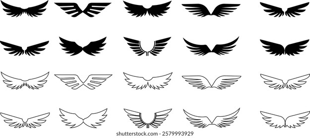 Angel wings icon set fly signs, pilot symbols graphic design elements ideal for logo, emblem badge design. Versatile for art, heraldry, animal symbolism. Ranging from simple to intricate feather scale