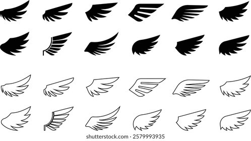 Angel wings icon set fly signs, pilot symbols graphic design elements ideal for logo, emblem badge design. Versatile for art, heraldry, animal symbolism. Ranging from simple to intricate feather scale