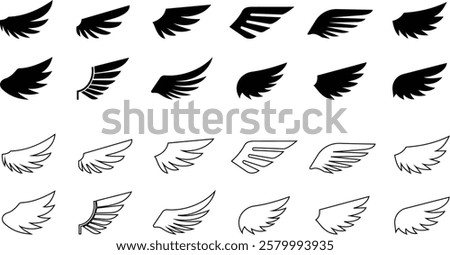 Angel wings icon set fly signs, pilot symbols graphic design elements ideal for logo, emblem badge design. Versatile for art, heraldry, animal symbolism. Ranging from simple to intricate feather scale