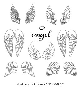 Angel wings icon set with hand lettering word angel. Religious calligraphic text and symbol of Christianity. Vector iilustration in cartoon style in black and white color for logotype. Eps10