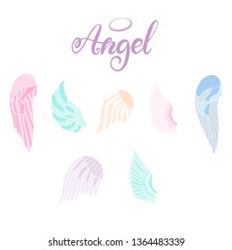 Angel wings icon set with hand lettering word angel. Religious calligraphic text and symbol of Christianity. Vector iilustration in cartoon style in pastel colors for logo. Eps10
