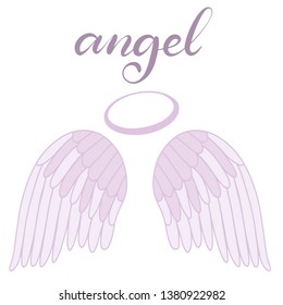 Angel wings icon set with hand lettering word angel. Religious calligraphic text and symbol of Christianity. Vector iilustration in cartoon style for logo. Eps10