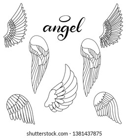 Angel wings icon set with hand lettering word angel. Religious calligraphic text and symbol of Christianity. Vector iilustration in cartoon style for logo. Black and white design. Eps10