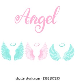 Angel wings icon set with hand lettering word angel. Religious calligraphic text and symbol of Christianity. Vector iilustration in cartoon style for logo in pink and mint color. Eps10