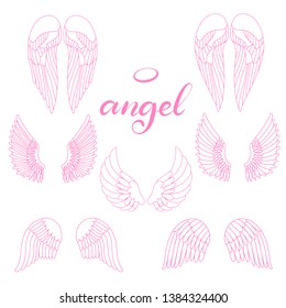 Angel wings icon set with hand lettering word angel. Religious calligraphic text and symbol of Christianity. Vector iilustration in cartoon style for logo. Eps10