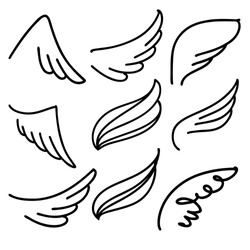 Angel Wings Icon Set Sketch, Stylized Bird Wings Collection Cartoon Hand Drawn Vector Illustration Sketch