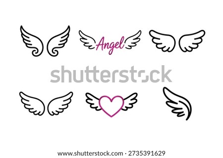 Angel Wings Icon Set Vector – Feathered Wings and Heart Angel Symbols. Sacred Wings and Heart Symbol Design.