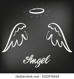 Angel wings icon sketch collection,  religious calligraphic text symbol of Christianity hand drawn vector illustration sketch, drawn in chalk on a black Board 