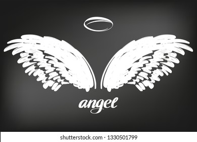 Angel wings icon sketch collection, religious calligraphic text symbol of Christianity hand drawn vector illustration sketch, drawn in chalk on a black Board