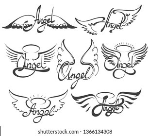 Angel wings icon sketch set. Seven Hand drawn lettering Angel with wings and Nimbus. Vector illustration.