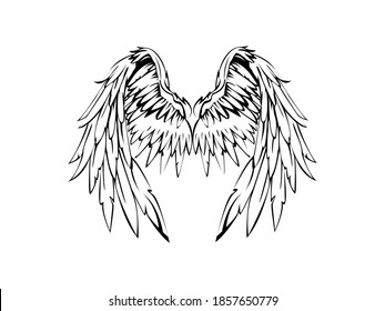 Angel Wings Icon Vector illustration. wing sketch symbol. Peace sign, emblem isolated on white with shadow, Flat style for graphic, calligraphic, church christian. Christianity hand drawn.