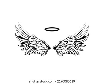 Angel Wings Icon Vector illustration. Memorial Wing Sketch and Halo Symbol. Peace Sign, emblem isolated on White, Flat style for Graphic, Church Christian. Love Hand Drawn.