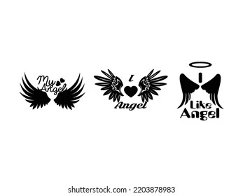 Angel Wings Icon Vector illustration. Memorial Wing silhouette and Halo Symbol. Peace Sign, emblem isolated on White, Flat style for Graphic, Church Christian. Love Hand Drawn.