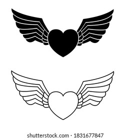 Angel wings icon vector set. Heart with wings illustration sign collection.
