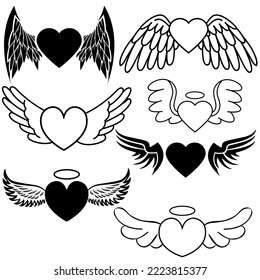 Angel Wings icon vector set. Memorial illustration sign collection. Heart symbol or logo.