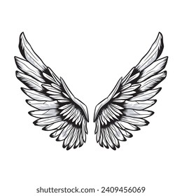 Angel wings illustration in black and white.