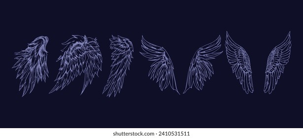 Angel wings illustration vector set, wings graphic element, thin line neon, angelic feathered vectors, angel wing clipart collection	